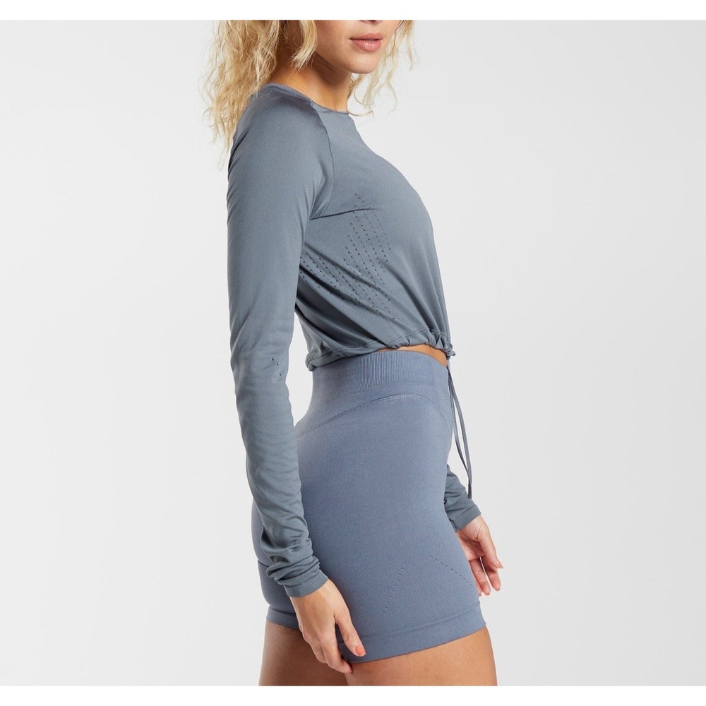 Gymshark Sweat Seamless Long Sleeve Crop Top S Gray Drawstring Gym Athleisure